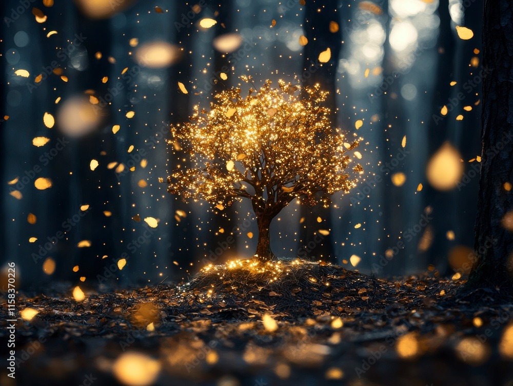 Poster magical glowing tree surrounded by colorful falling leaves in a mystical forest setting