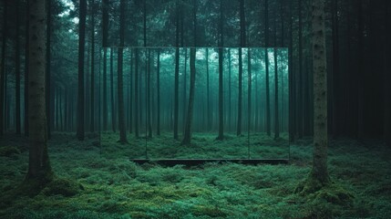 Fototapeta premium Mystical forest scene with a dark rectangular frame in the center, showcasing tall trees and lush green moss.
