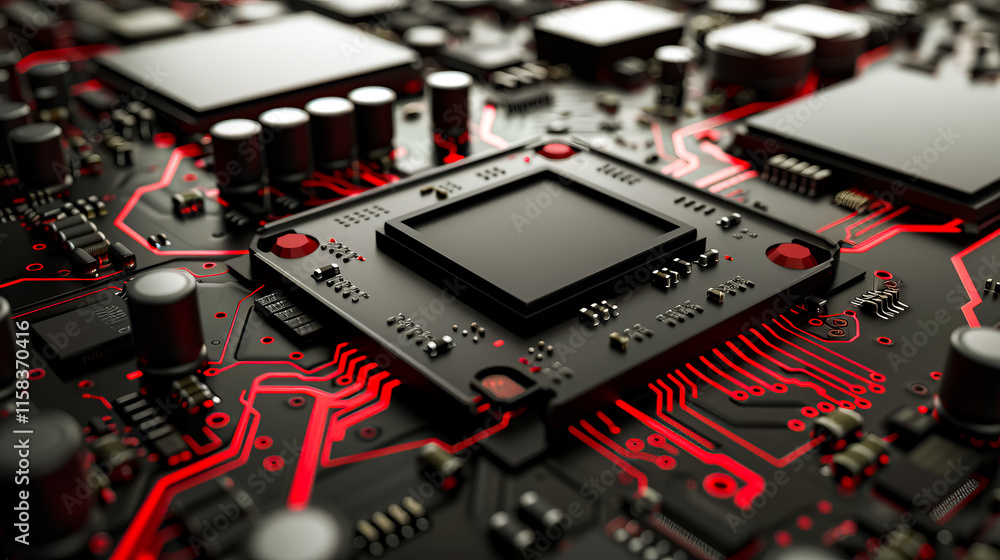 Aufkleber a high-tech computer circuit board with intricate components, vibrant red and black design, and glow