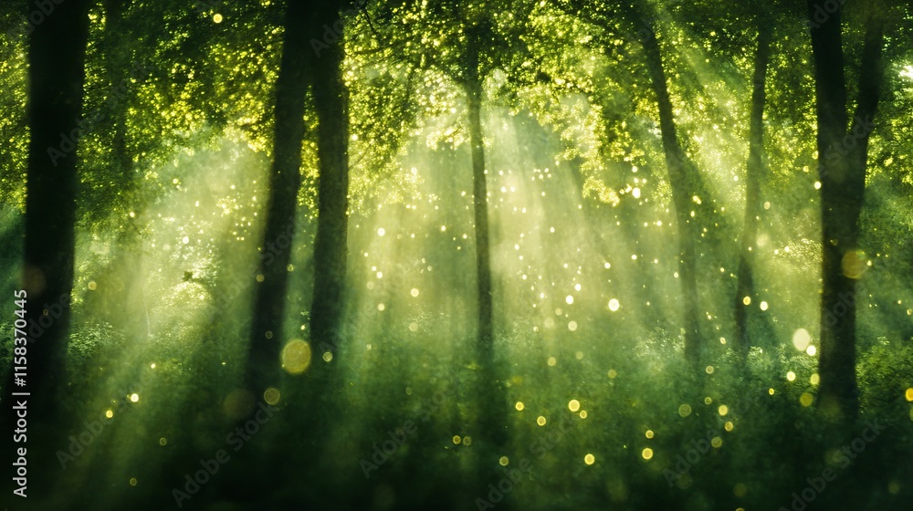 Poster abstract defocused green forest with soft sunlight filtering through trees, creating a peaceful and 