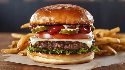 Close-up Photo: Juicy Cheeseburger with Crispy Fries on Rustic Wooden Table. AI Generated