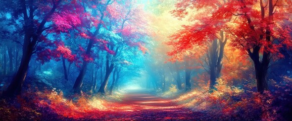 Fototapeta premium Vibrant autumn path through a mystical forest with colorful trees and fog.