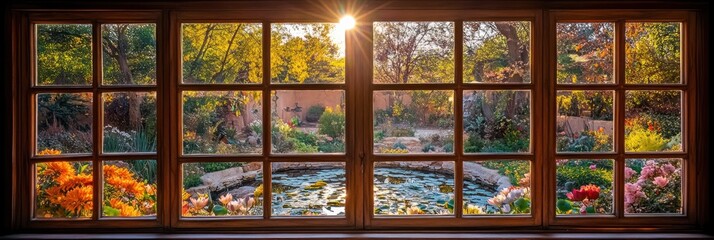 Sunlit garden view through a multi-paned wooden window.