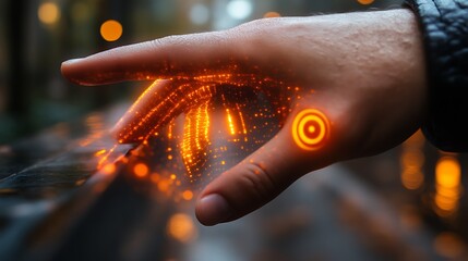 Futuristic hand interacting with digital interface.