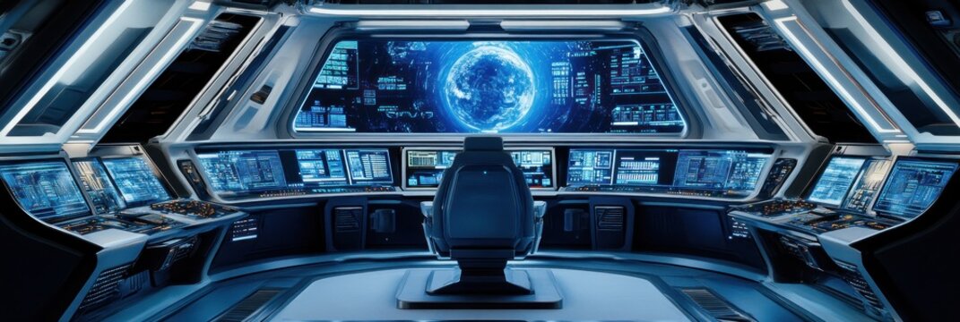 Futuristic spaceship bridge control room with monitors displaying data and a rotating globe.
