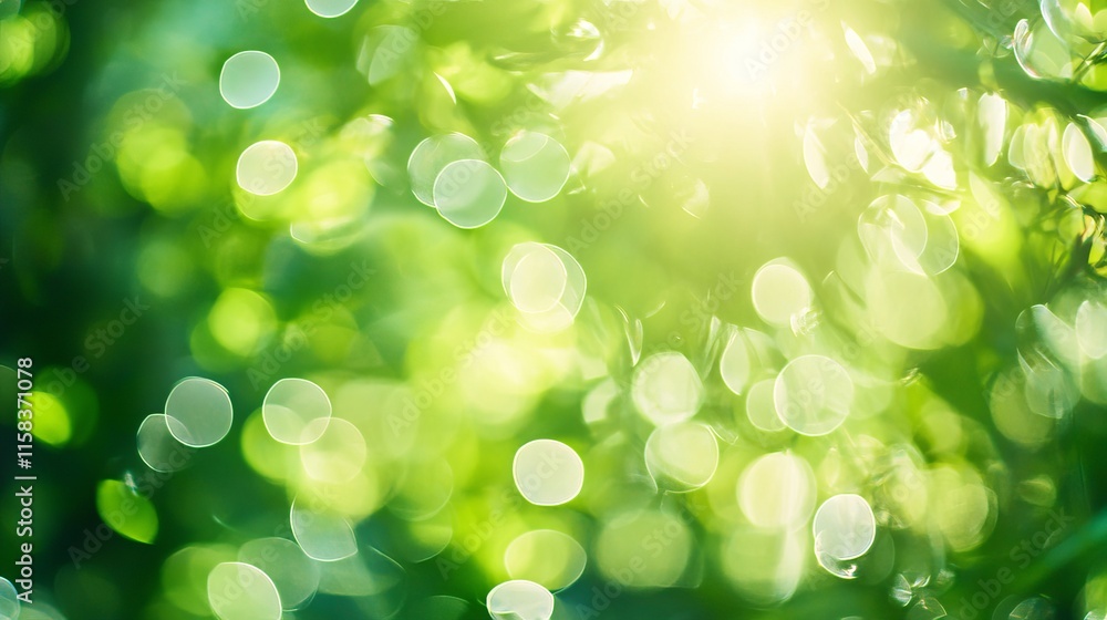 Poster abstract defocused green forest with soft sunlight filtering through trees, creating a peaceful and 