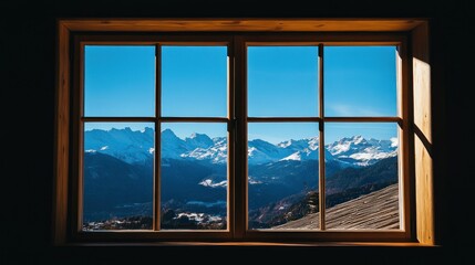 Fototapeta premium Mountain view through rustic wooden window.