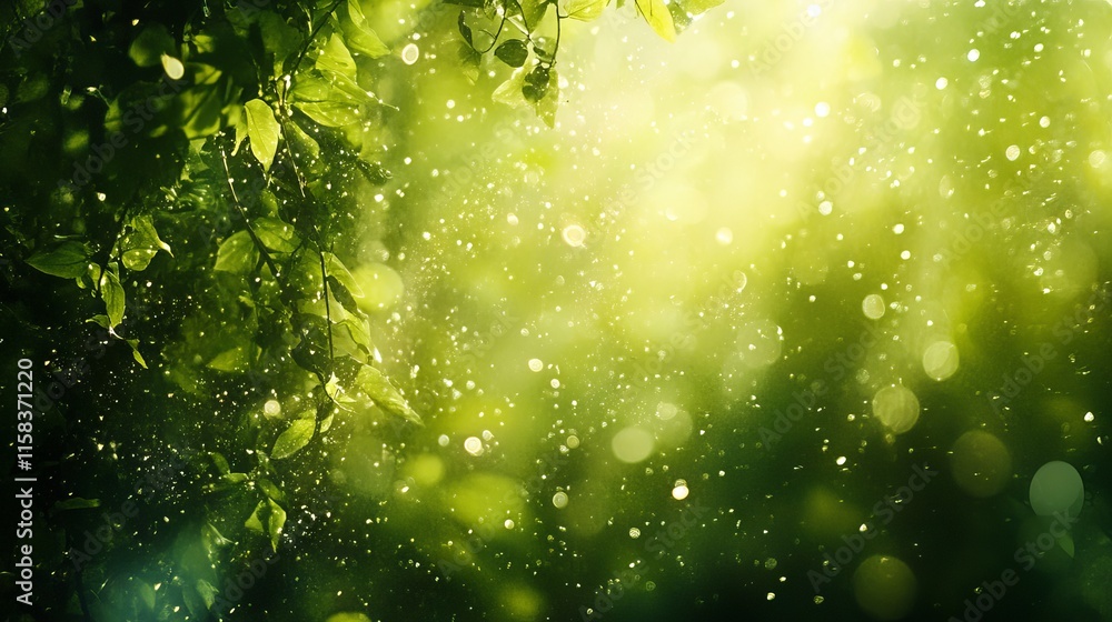 Poster abstract defocused green forest with soft sunlight filtering through trees, creating a peaceful and 