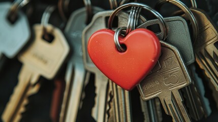 Close-up of a heart-shaped keychain among various keys.