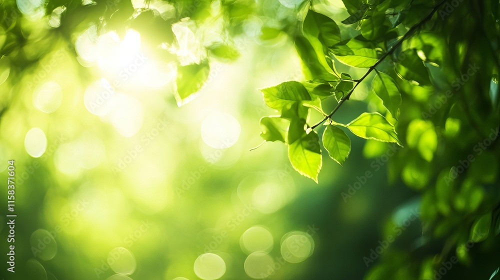 Poster abstract defocused green forest with soft sunlight filtering through trees, creating a peaceful and 