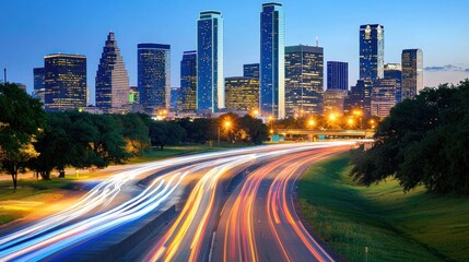 A vibrant city skyline at dusk with light trails from moving vehicles on a highway.