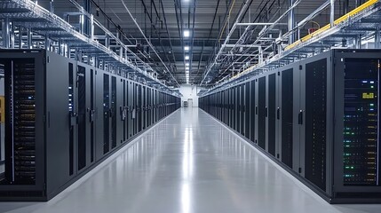 Obraz premium Modern data center with symmetrical rows of servers