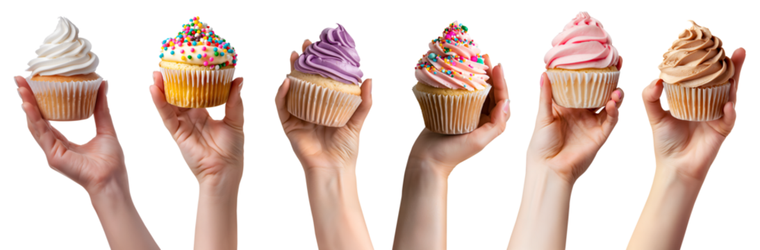 Collection of hand holding Cupcake muffin with icing frosting sprinkles pastel on transparent cutout. PNG file. Many assorted different flavour. Mockup template for artwork design	
 - Powered by Adobe