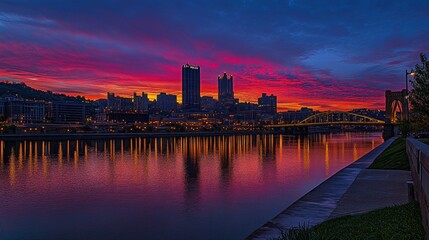 Naklejka premium Vibrant sunrise cityscape reflected in calm river water.