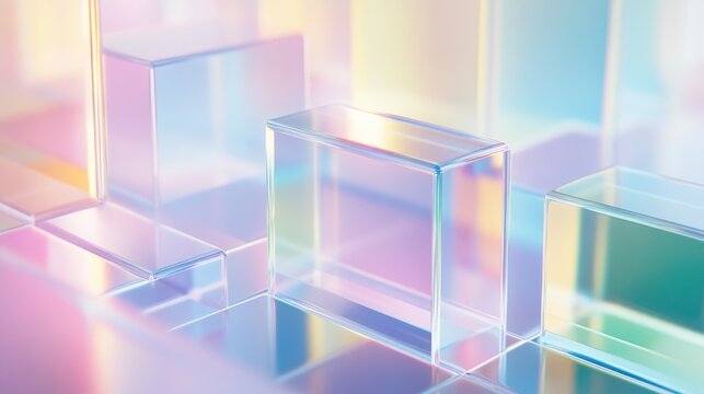 Fototapeta Pastel iridescent glass cubes on reflective surface.