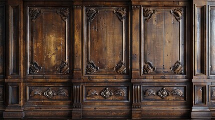 Ornate wooden paneling with decorative carvings and accents. AI generative. .