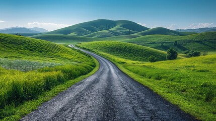 Fototapeta premium A winding asphalt road leads through rolling green hills under a bright blue sky. AI generative. .