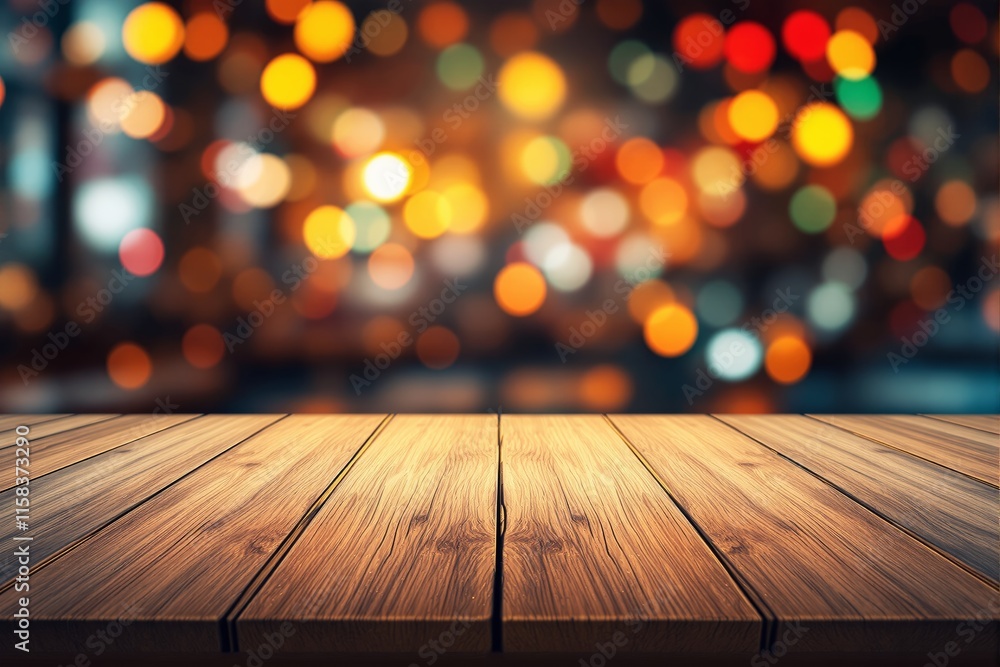 Poster Wooden table surface in focus with blurred colorful bokeh lights in the background, creating a cozy atmosphere for product presentation. Ai generative