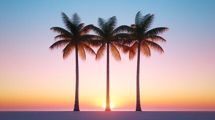 Serene Sunset: Three Palm Trees Silhouetted Against a Vivid Tropical Sky - 3D Render Illustration. AI Generated