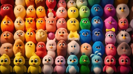 Obraz premium Colorful cartoon chicks in a large group, diverse expressions and colors.