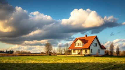 Obraz premium Suburban house with red roof on green field under cloudy sky.