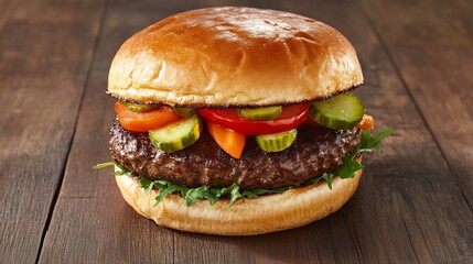 Close-up Photo: Juicy Burger Deliciously Topped with Pickles and Vegetables on Rustic Wood. AI Generated