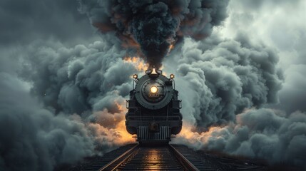 A vintage steam locomotive blasts through a cloud of smoke, illuminating the train tracks with sparks. AI generative. .