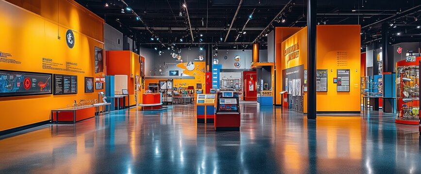 Bright, modern museum interior with interactive exhibits and colorful walls.