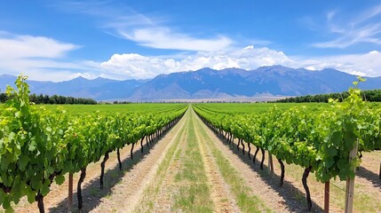 Fototapeta premium Vibrant Vineyard Photo: Lush Rows Stretching Towards Majestic Mountains. AI Generated