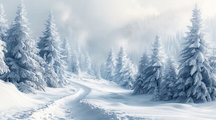 Fototapeta premium Snowy path winding through a frost-covered forest. AI generative. .