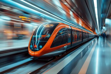 Orange train speeding through a tunnel with motion blur. AI generative. .