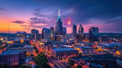 Obraz premium A vibrant city skyline at dusk with fireworks illuminating the night sky.