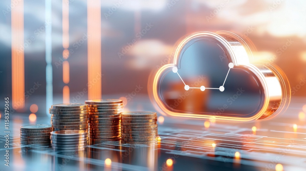 Poster digital cloud computing with financial growth representation and stacked coins background