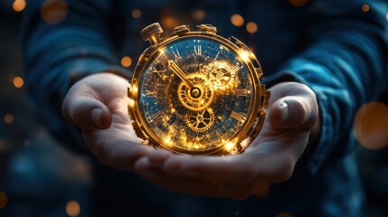 Glowing steampunk clock held in hands.