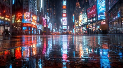 Obraz premium Rainy night in Times Square, vibrant reflections on wet pavement.