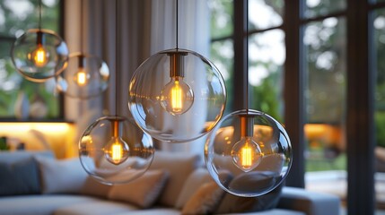 Four light bulbs hanging from the ceiling with a blurry background. AI generative. .