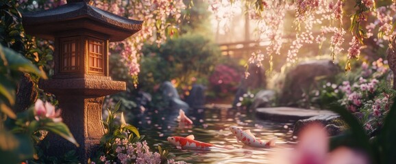 Fototapeta premium Serene Japanese garden with koi pond, stone lantern, blossoming flowers, and soft sunlight.