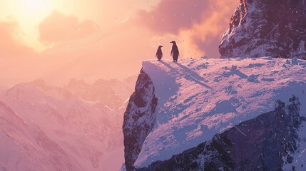 Fototapeta premium Two penguins stand on a snowy cliff, overlooking a breathtaking mountain landscape at sunset.