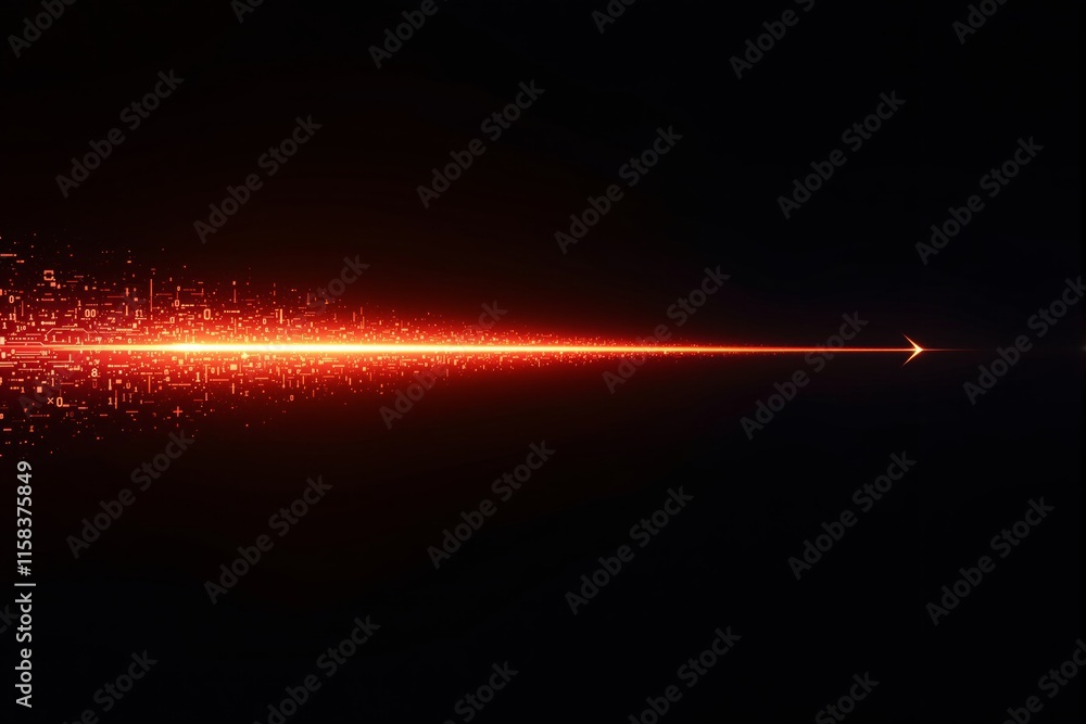 Poster glowing red laser beam with scattered digital particles on a dark background, symbolizing speed, tec