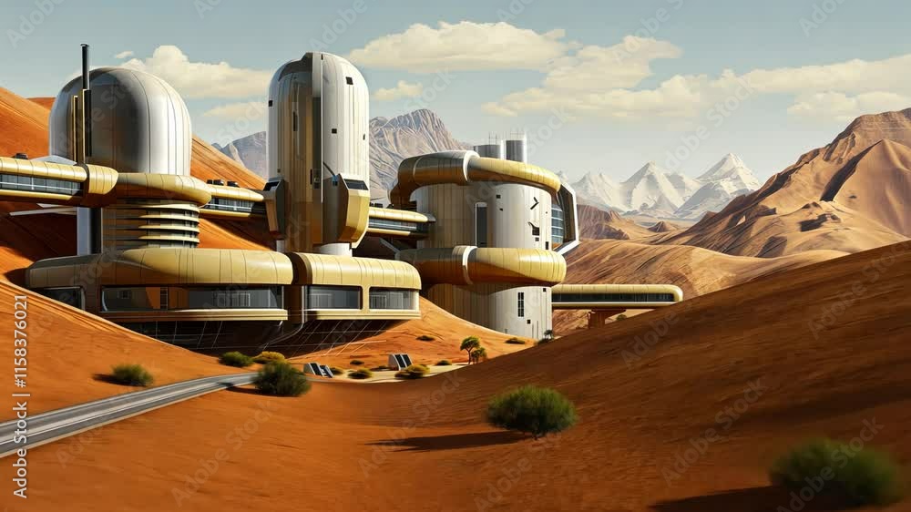 Poster Retro futuristic architecture in sci-fi scene on the desert planet. Alien landscape with nostalgic retro future constructions