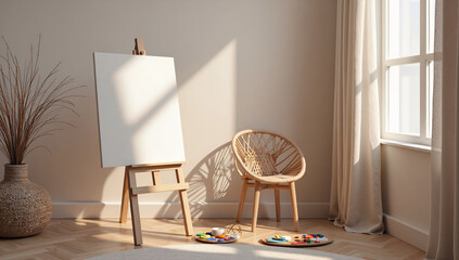 A cozy art studio with natural light and blank canvas ready for creativity, photography of interior design concept.