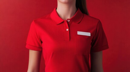 Red Polo Shirt Mockup: Blank Name Tag on a Crimson Background, Perfect for Branding and Design