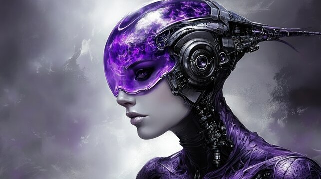 Cyberpunk female cyborg with purple glowing headpiece, dark background.