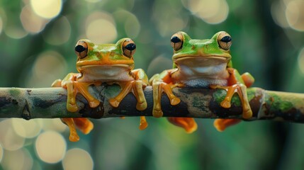Beautiful javan tree frog sitting on branch, flying frog lined up on the bridge