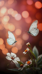 flowers and white butterflies with abstract bokeh background, glowing neon