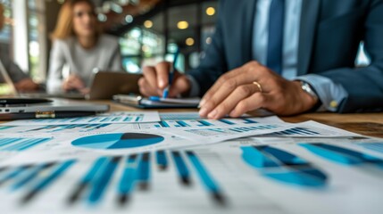 Fototapeta premium Close-up of a businessman's hand pointing at a financial chart. AI generative. .
