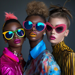 Obraz premium Vibrant fashion photoshoot featuring diverse models urban cityscape editorial style bright color palette close-up perspective fashion trends