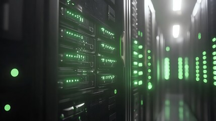 Server room with rows of glowing servers in a futuristic setting