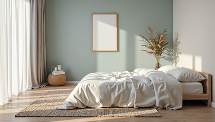 Cozy bedroom with natural light and minimalist decor in soft tones, photography of interior design concept.