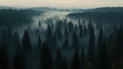 Misty forest aerial view at dawn.